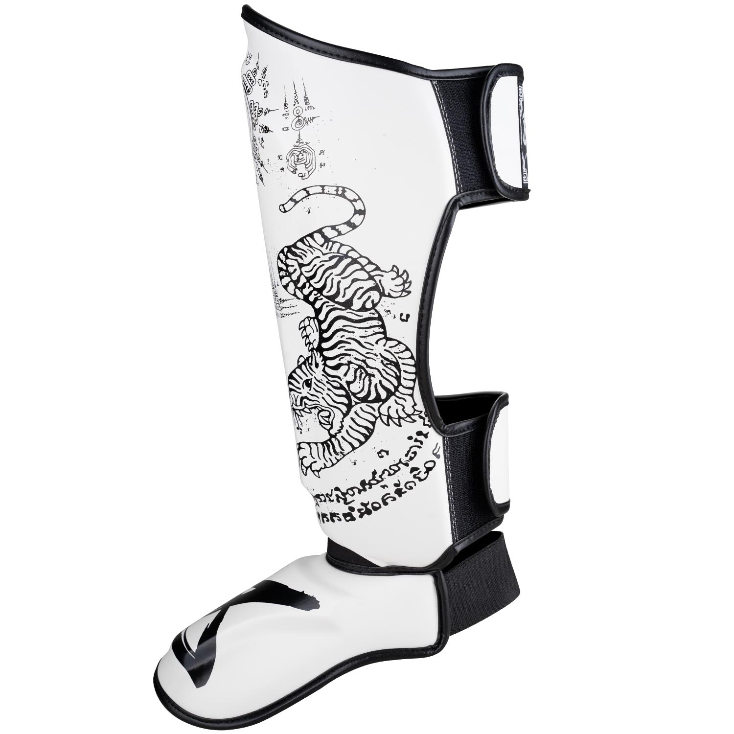 8 WEAPONS Shinguards, Sak Yant Tigers, white-black, S