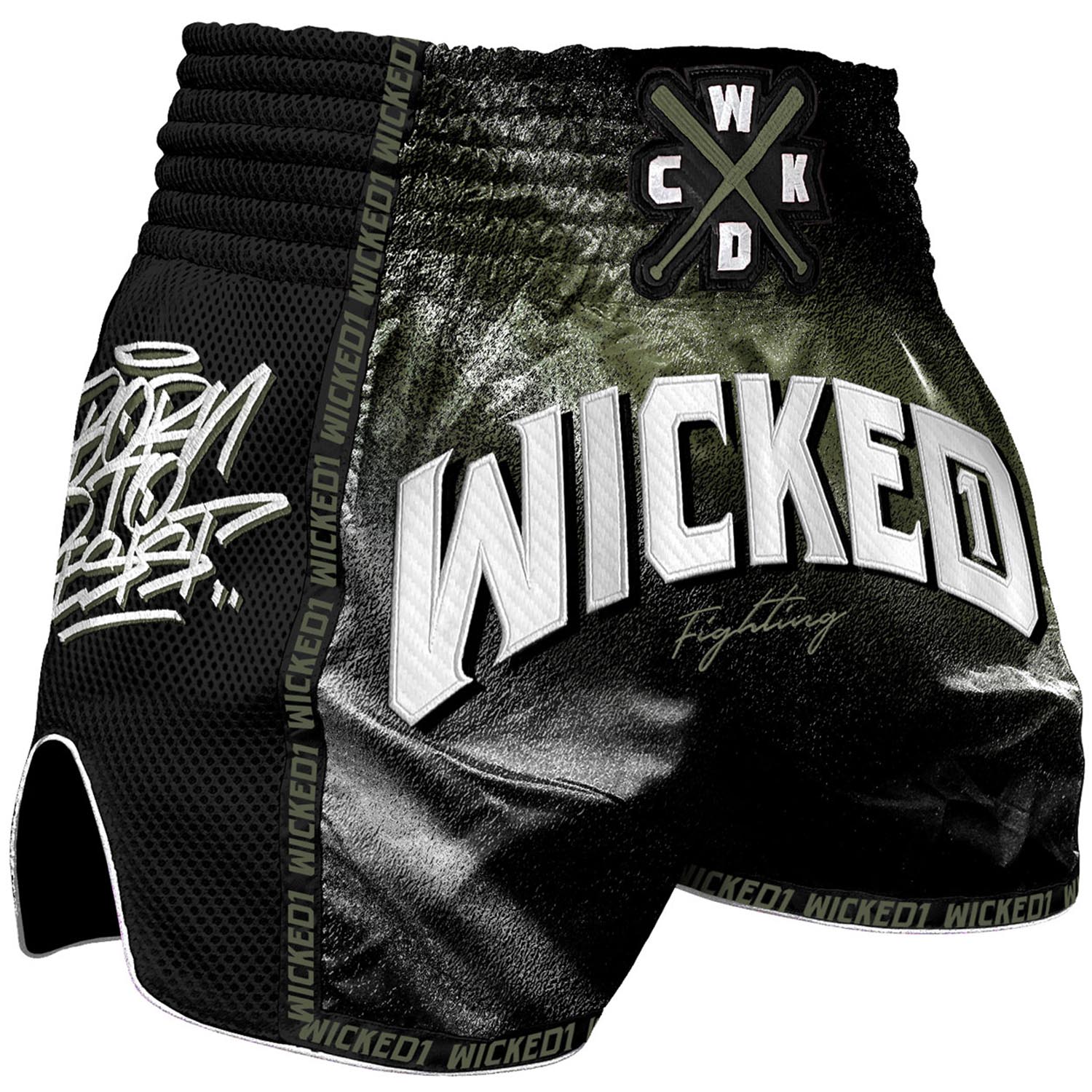 Wicked One Muay Thai Shorts, Spraying, schwarz-khaki, S