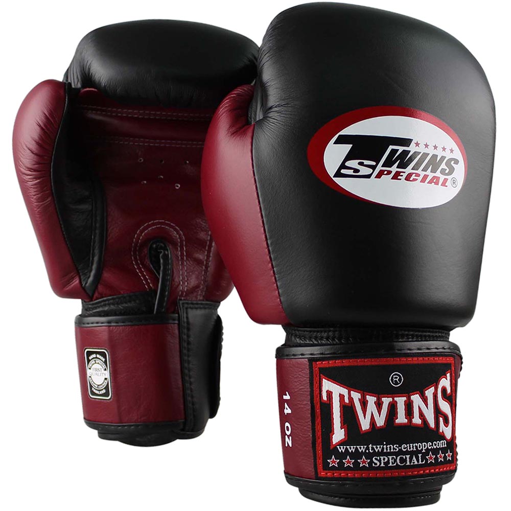 TWINS Special Boxing Gloves, Leather, BGVL-3, black-wine red, 14 Oz
