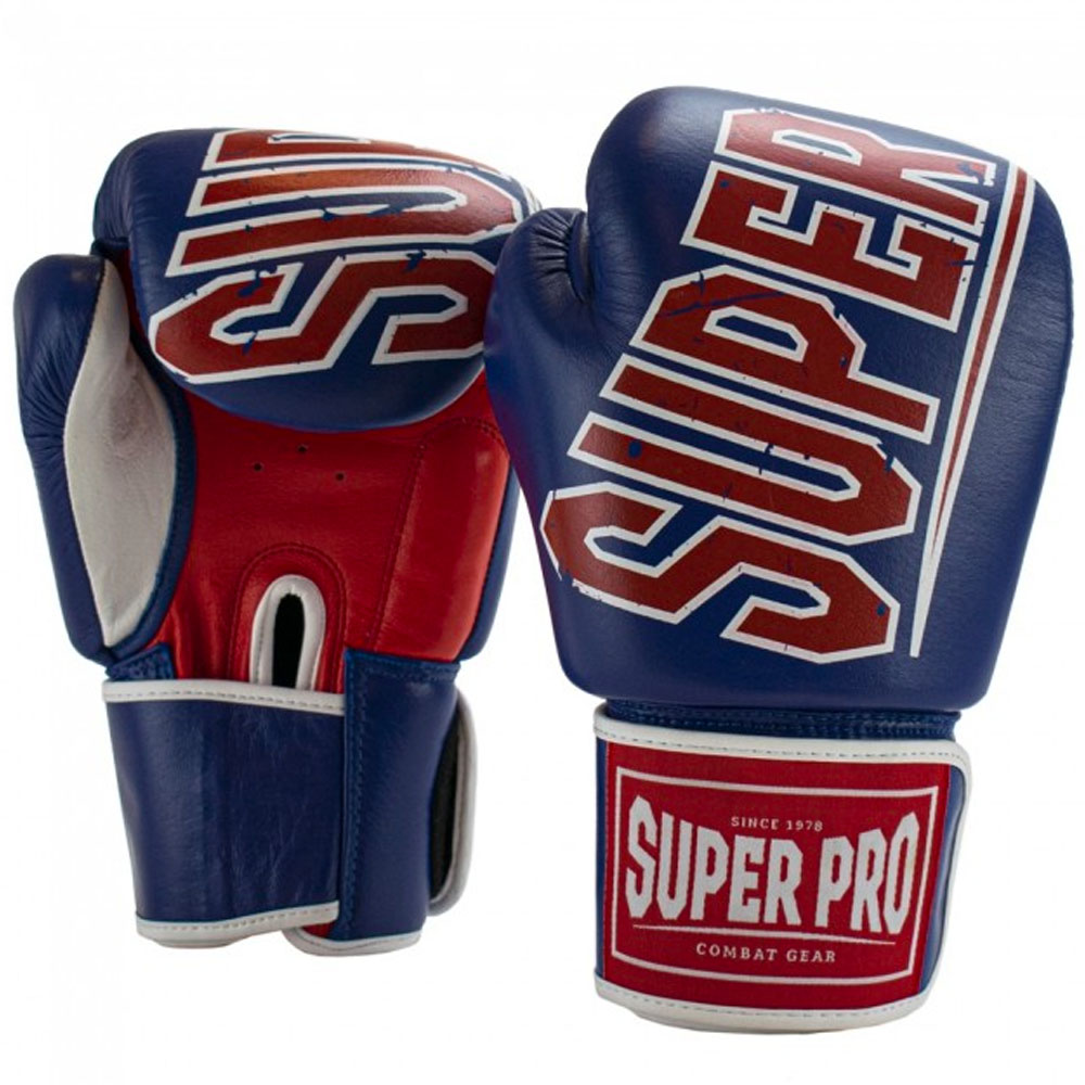 Super Pro Boxing Gloves, Challenger, Leather, blue-red, 10 Oz