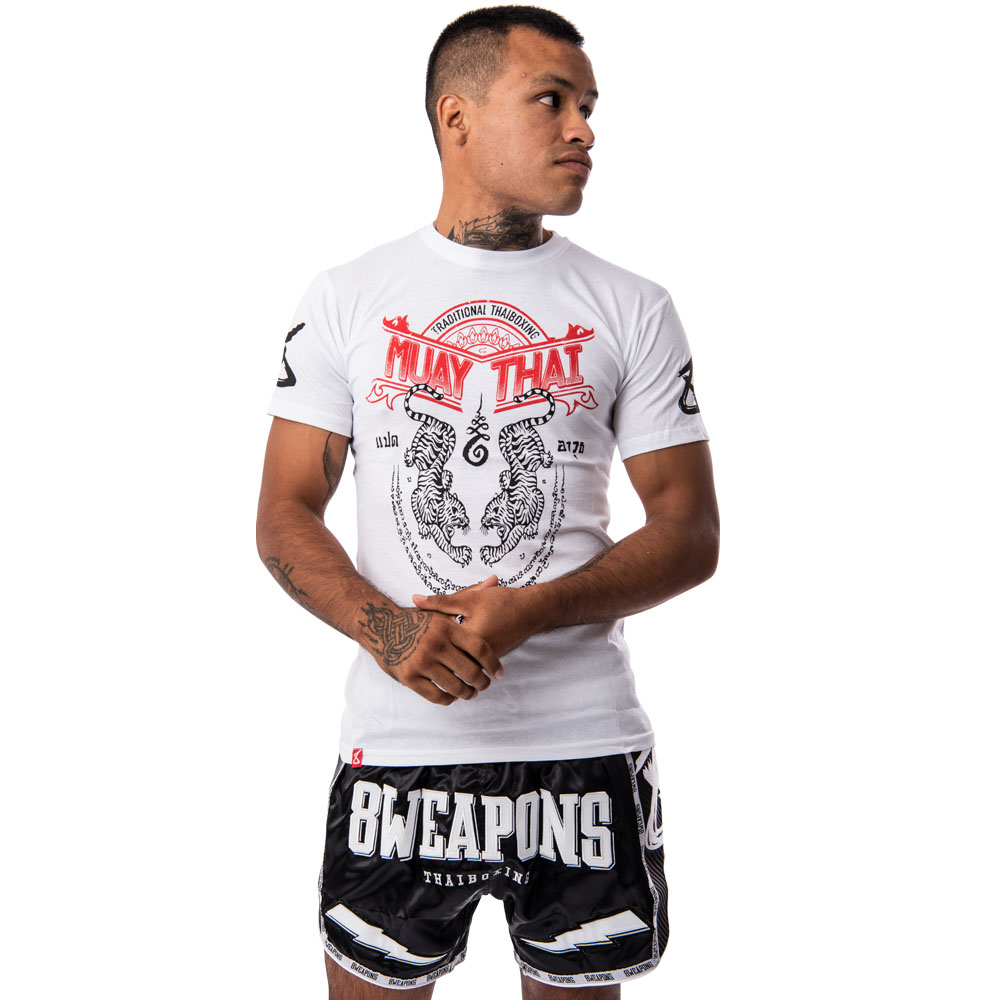 8 WEAPONS Muay Thai T-Shirt, Sak Yant Tigers, white, M
