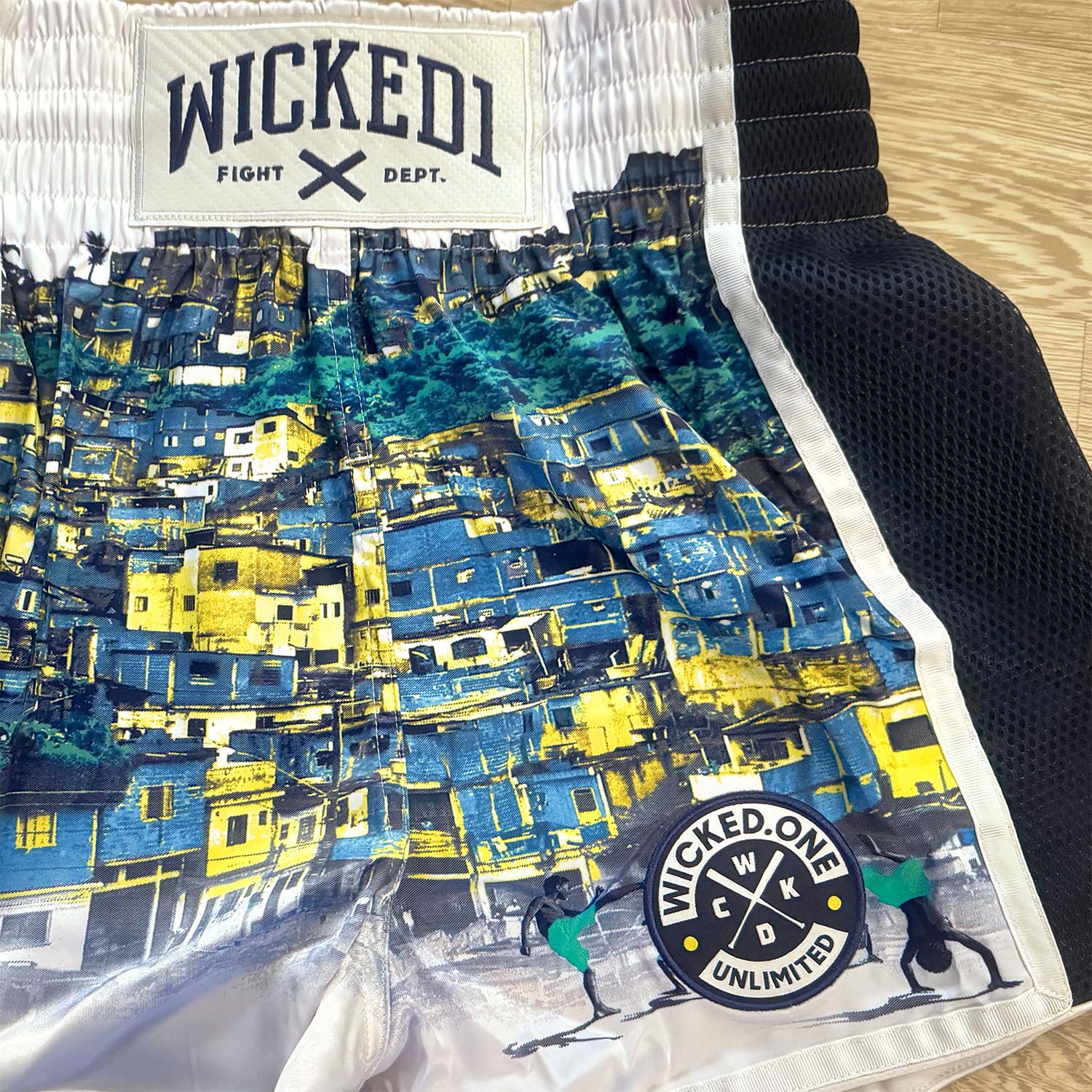 Wicked One Muay Thai Shorts, Favela, white-blue, XXL