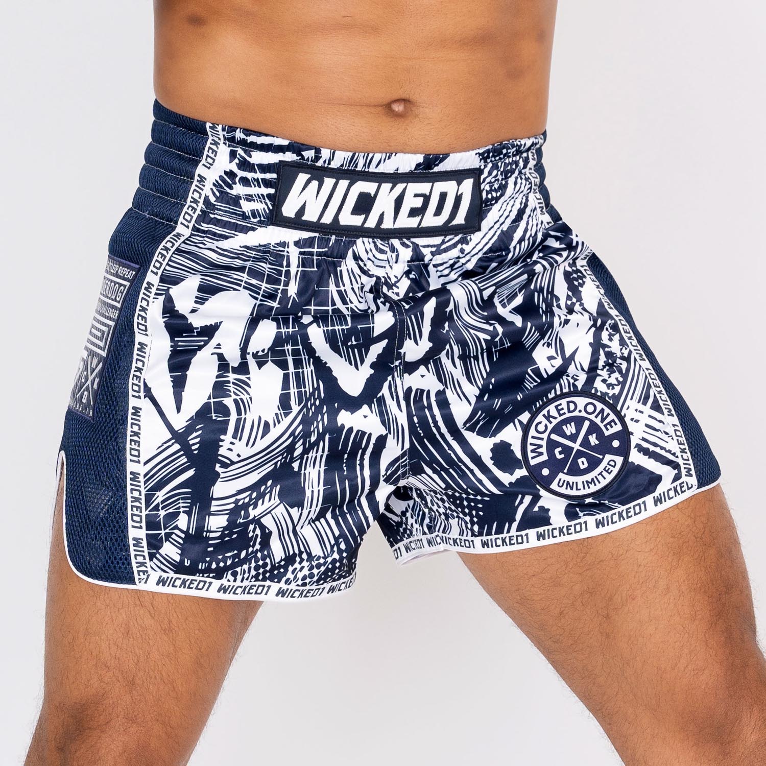 Wicked One Muay Thai Shorts, Havoc, navy-weiß, S