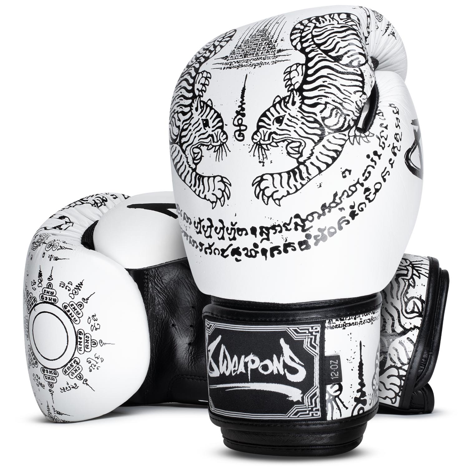 8 WEAPONS Boxhandschuhe, Sak Yant Tiger, weiß-schwarz, 10 Oz