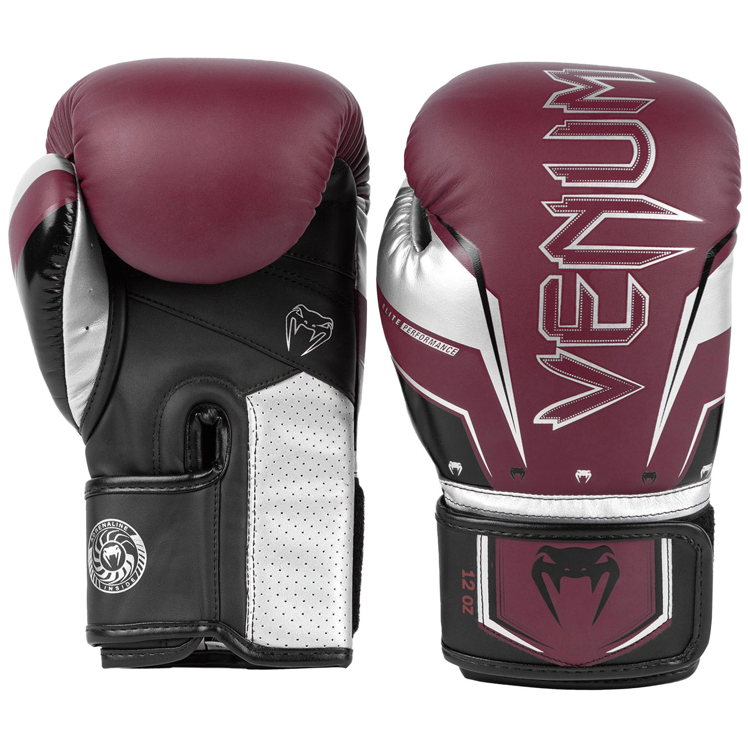 VENUM Boxing Gloves, Elite Evo, burgundi-silver, 12 Oz