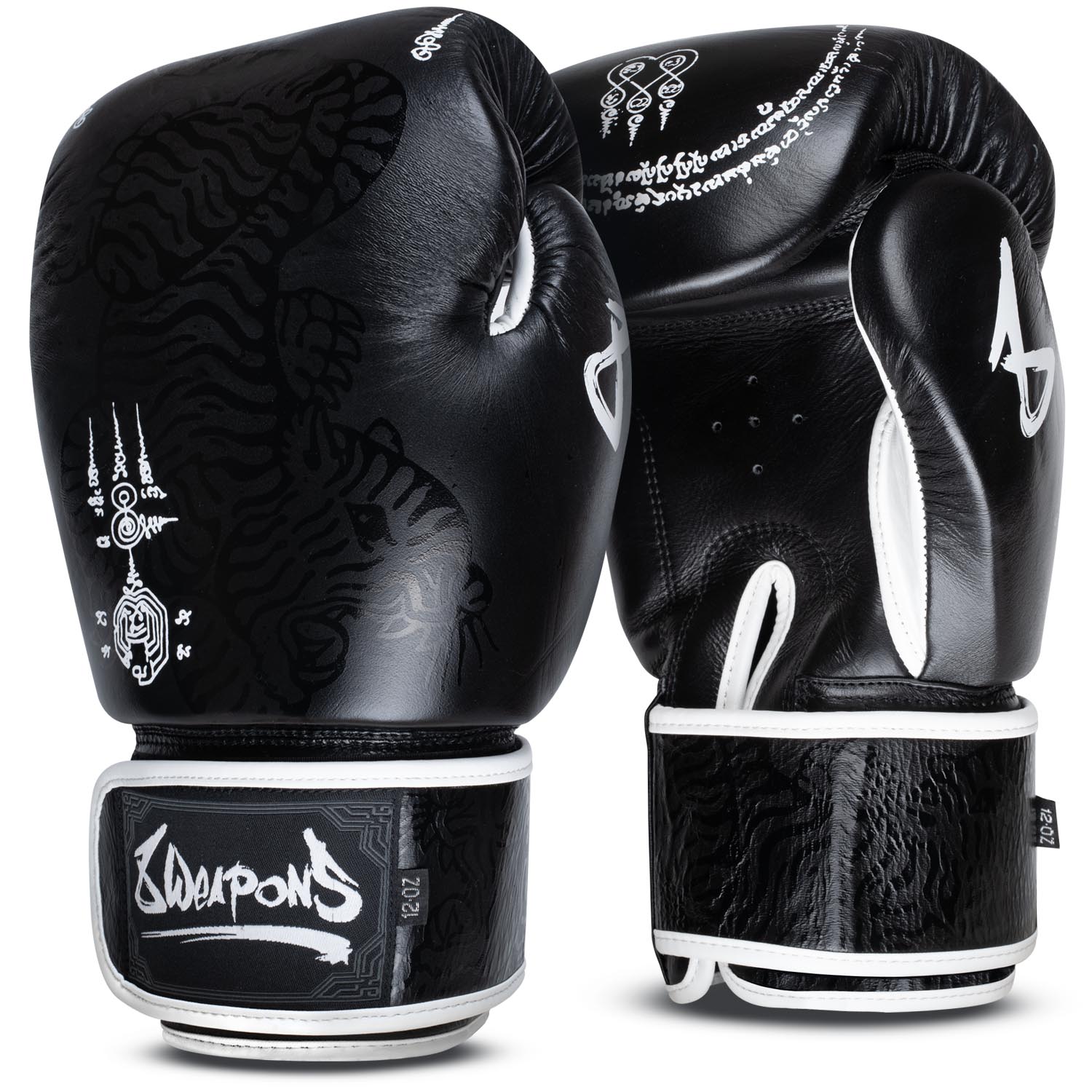 8 WEAPONS Boxing Gloves, Sak Yant Big Tiger, black-black, 10 Oz