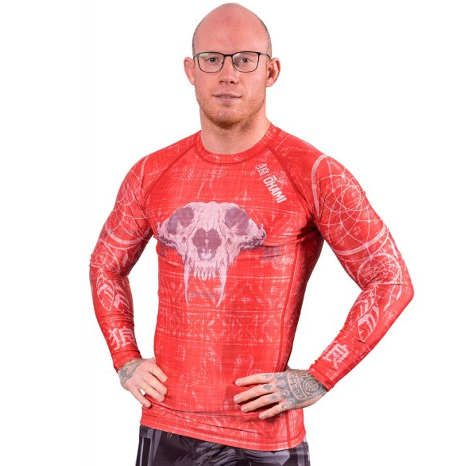 OKAMI Rashguard, L/S, Wolf Skull, red, S