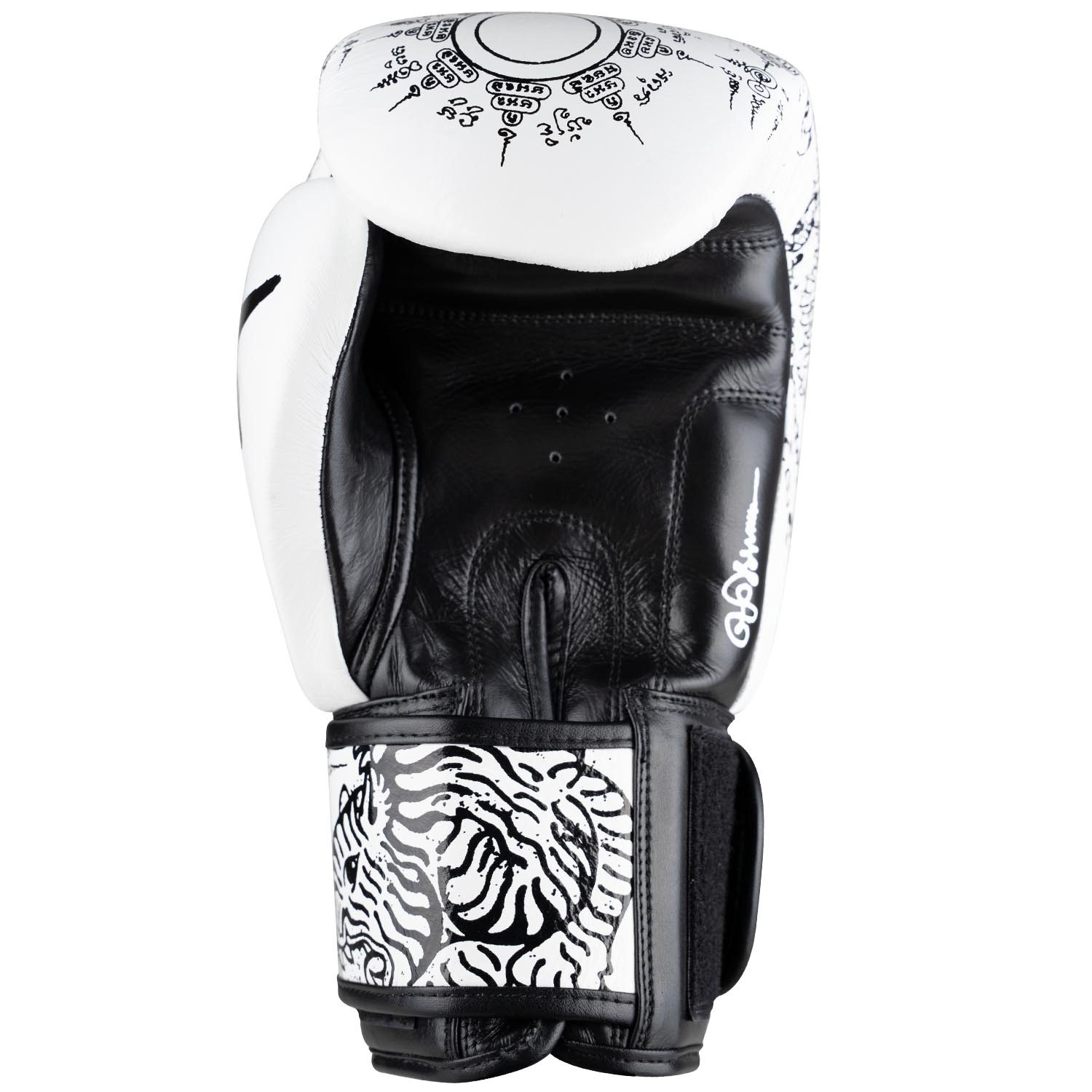 8 WEAPONS Boxing Gloves, Sak Yant Tigers, white-black, 12 Oz