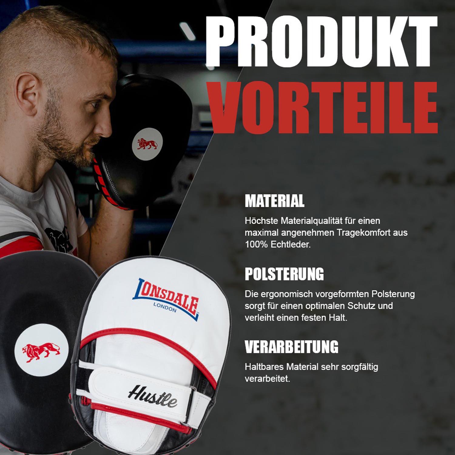 Lonsdale Focus Mitts, Hustle, black-white-red