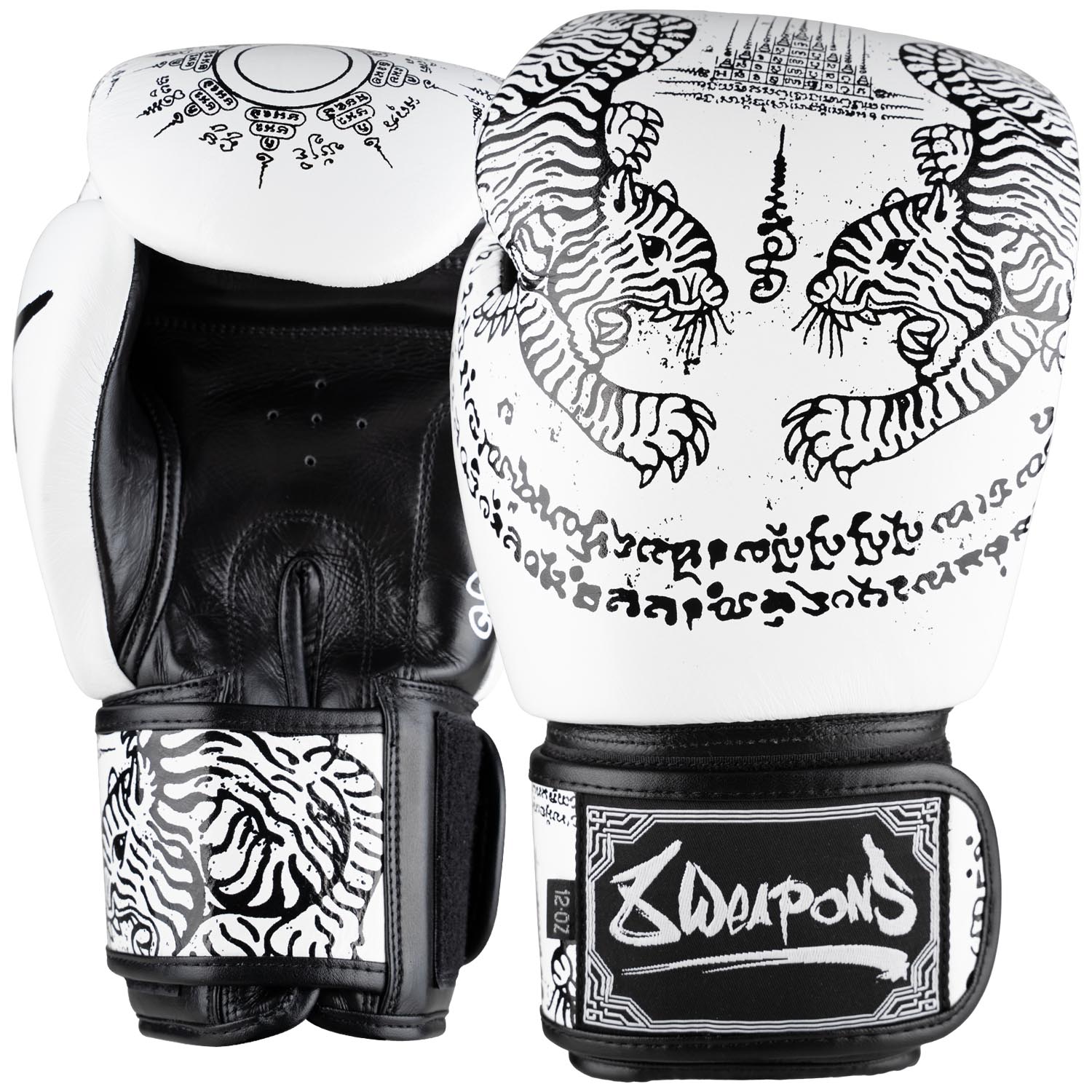 8 WEAPONS Boxing Gloves, Sak Yant Tigers, white-black, 12 Oz