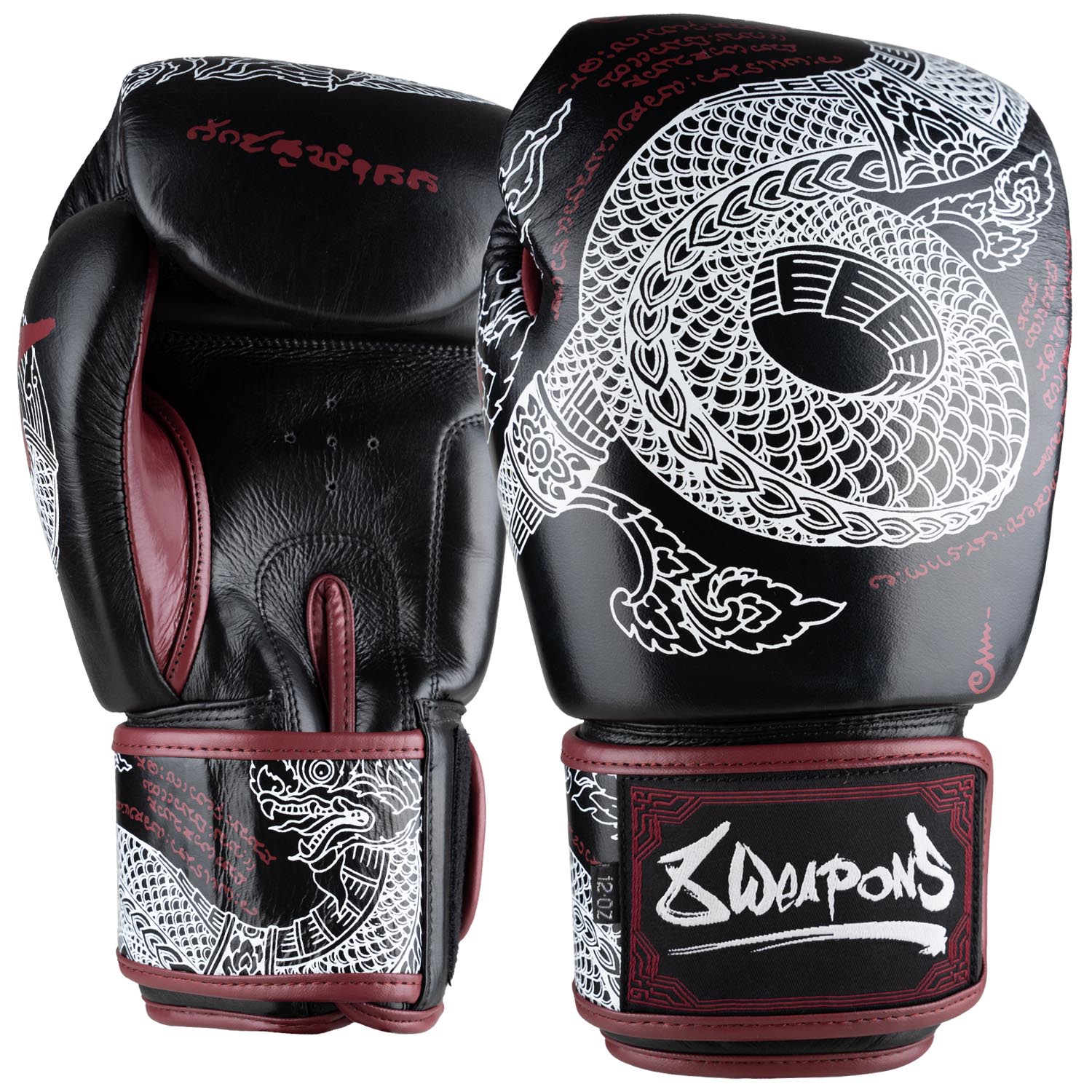8 WEAPONS Boxing Gloves, Sak Yant Naga, black-maroon, 10 Oz