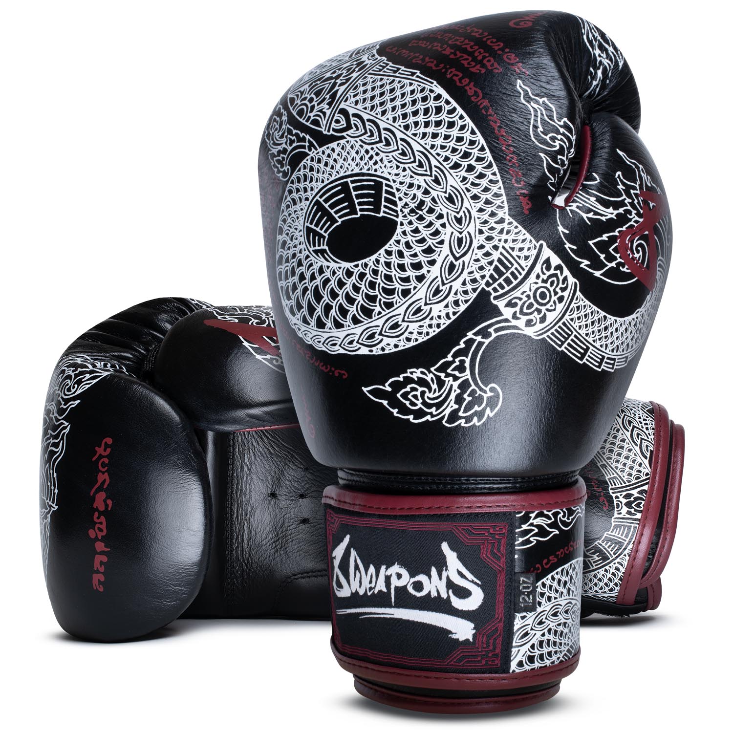 8 WEAPONS Boxing Gloves, Sak Yant Naga, black-maroon, 12 Oz