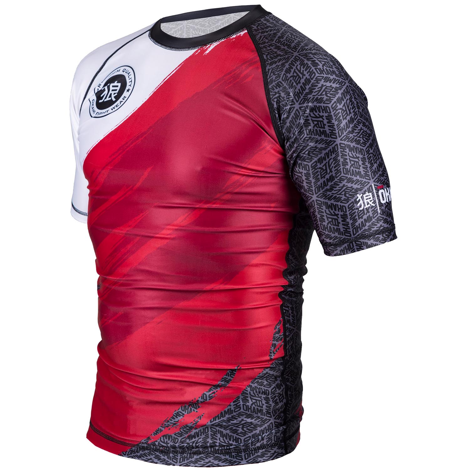 OKAMI Rashguard, S/S, Cube, rot-grey-white, M