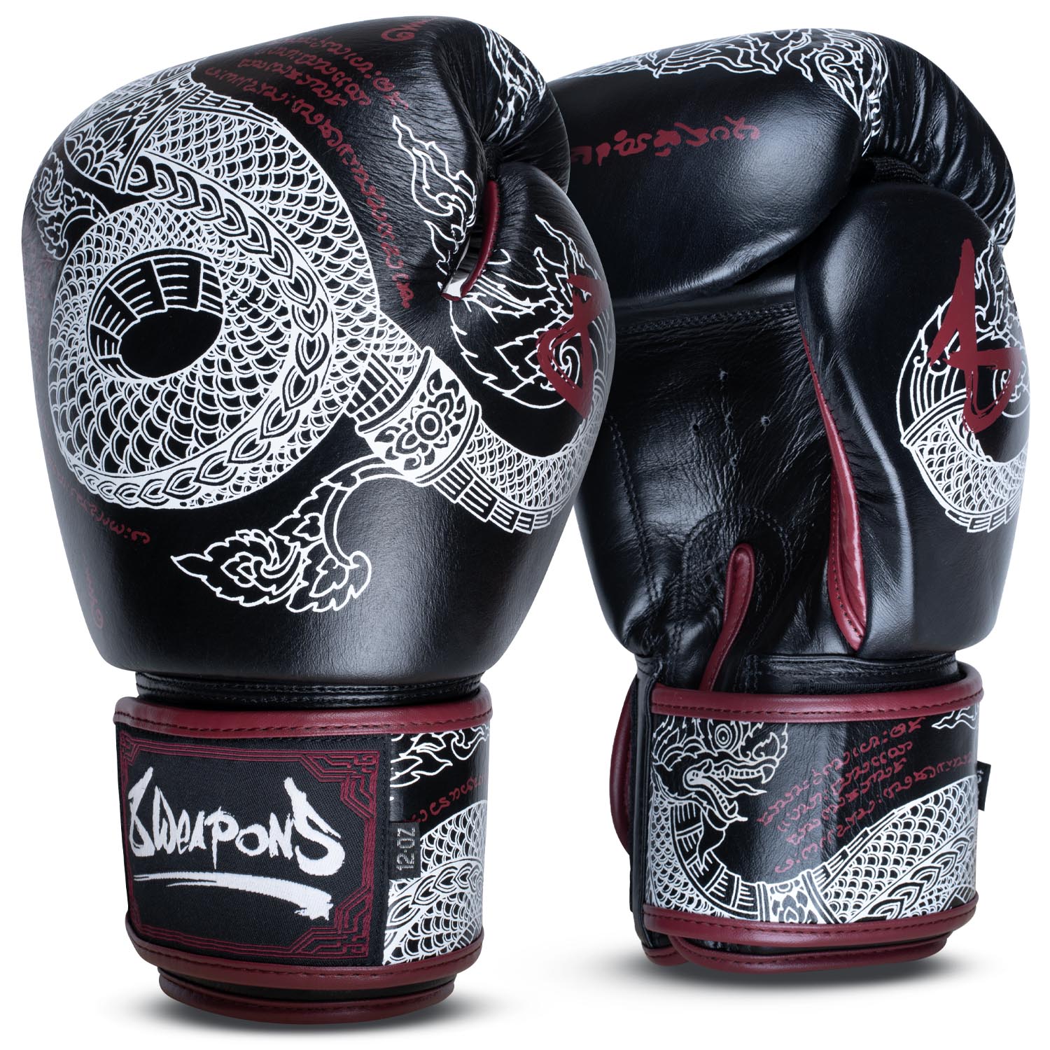 8 WEAPONS Boxing Gloves, Sak Yant Naga, black-maroon, 14 Oz