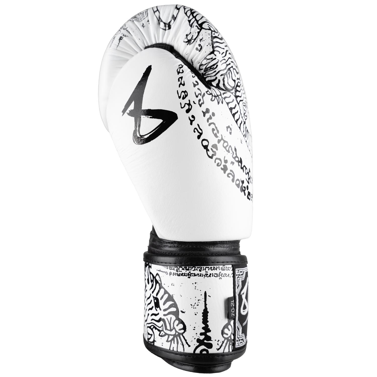 8 WEAPONS Boxing Gloves, Sak Yant Tigers, white-black, 14 Oz