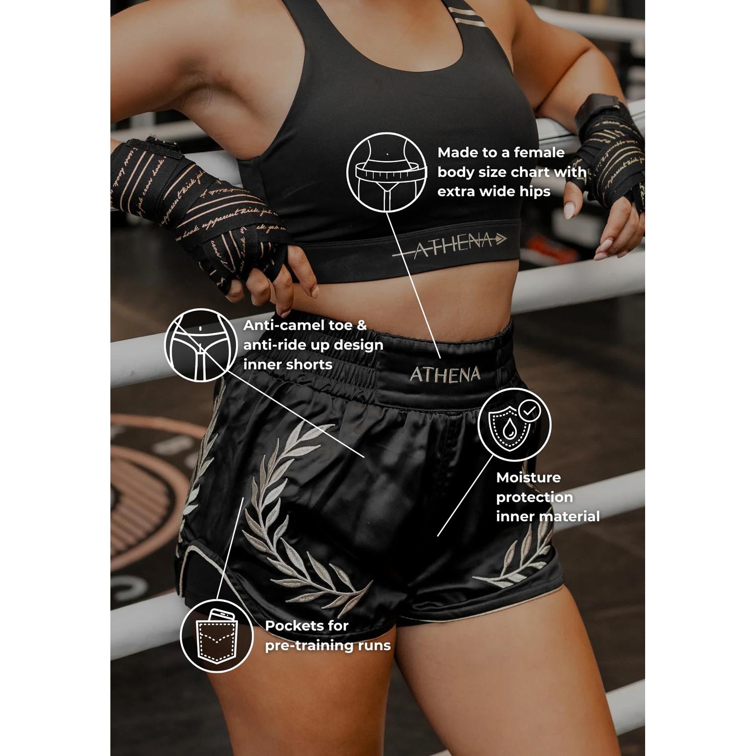 ATHENA Muay Thai Shorts, Women, Athena, black-gold, XL