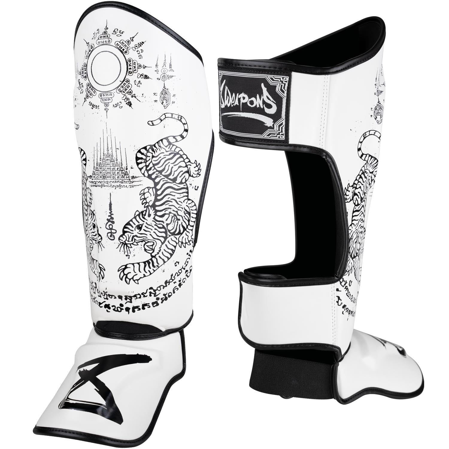 8 WEAPONS Shinguards, Sak Yant Tigers, white-black, S