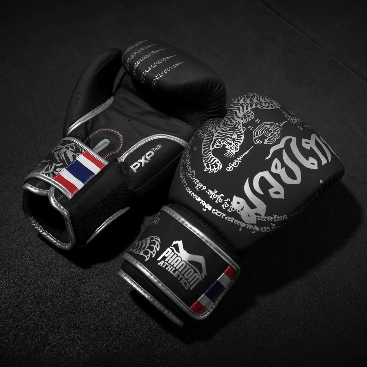 Phantom Athletics Boxing Gloves, Muay Thai, black-silver, 14 Oz