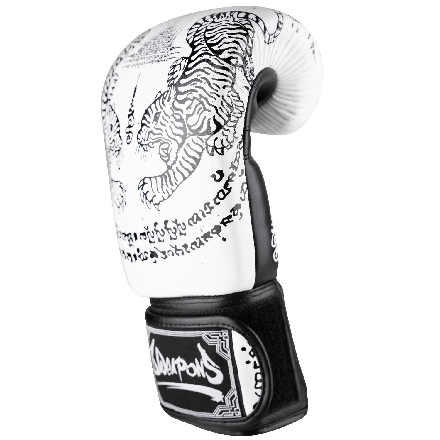 8 WEAPONS Boxing Gloves, Sak Yant Tigers, white-black, 14 Oz