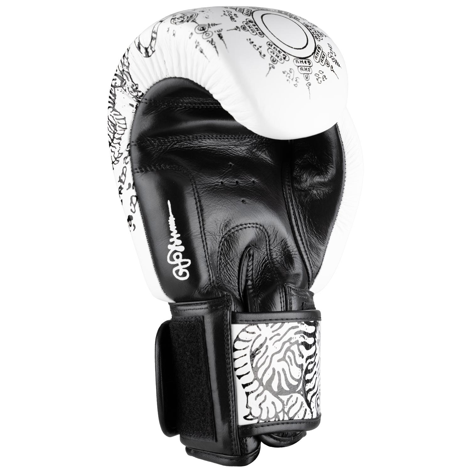 8 WEAPONS Boxing Gloves, Sak Yant Tigers, white-black, 14 Oz