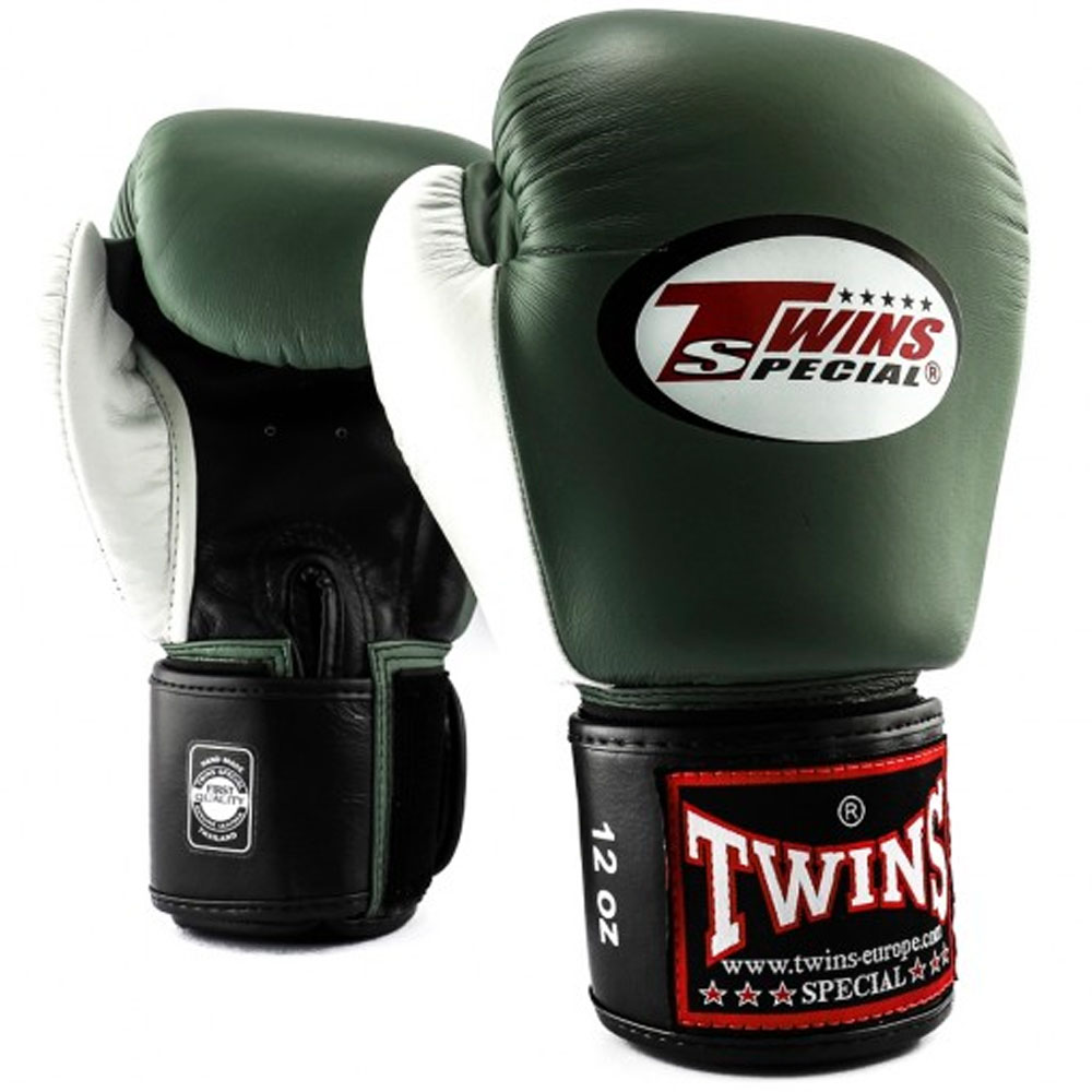 TWINS Special Boxing Gloves, Leather, BGVL-4, blk-olive-white, 12 Oz