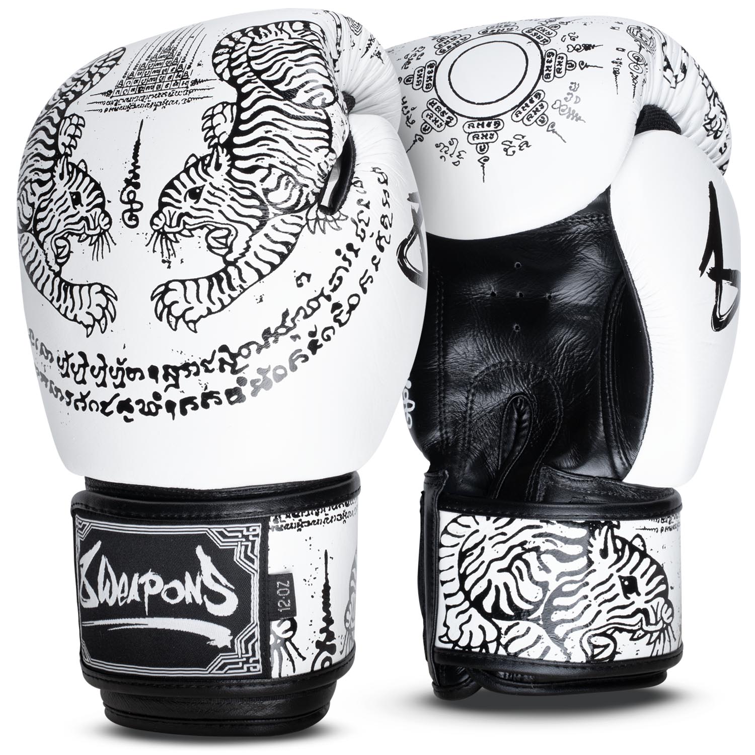 8 WEAPONS Boxhandschuhe, Sak Yant Tiger, weiß-schwarz, 16 Oz